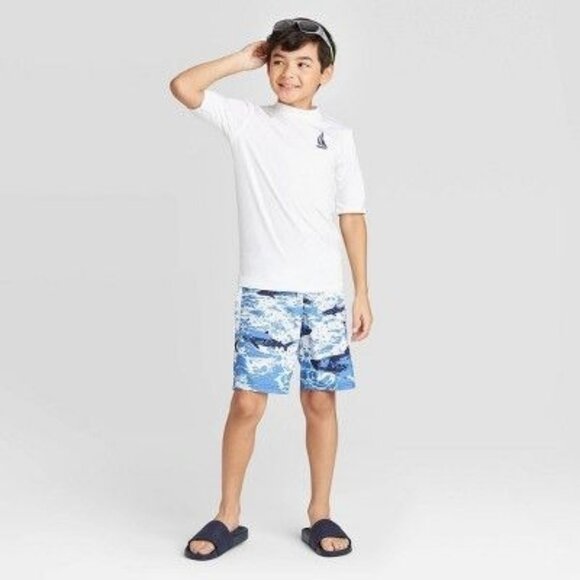 Boys White Sailboat Logo Rash Guard Swim Shirt - Picture 1 of 7